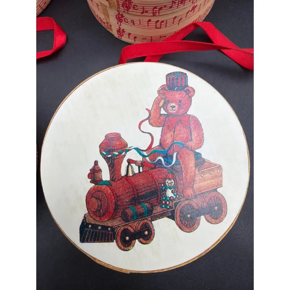 Vintage Teddy Bear Wooden Box Christmas Ornaments Set 4 Toyland Music 3”